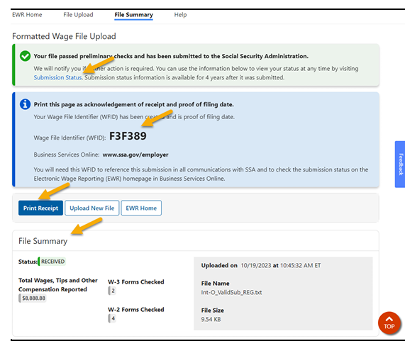 example of successful wage file submission on the SSA website